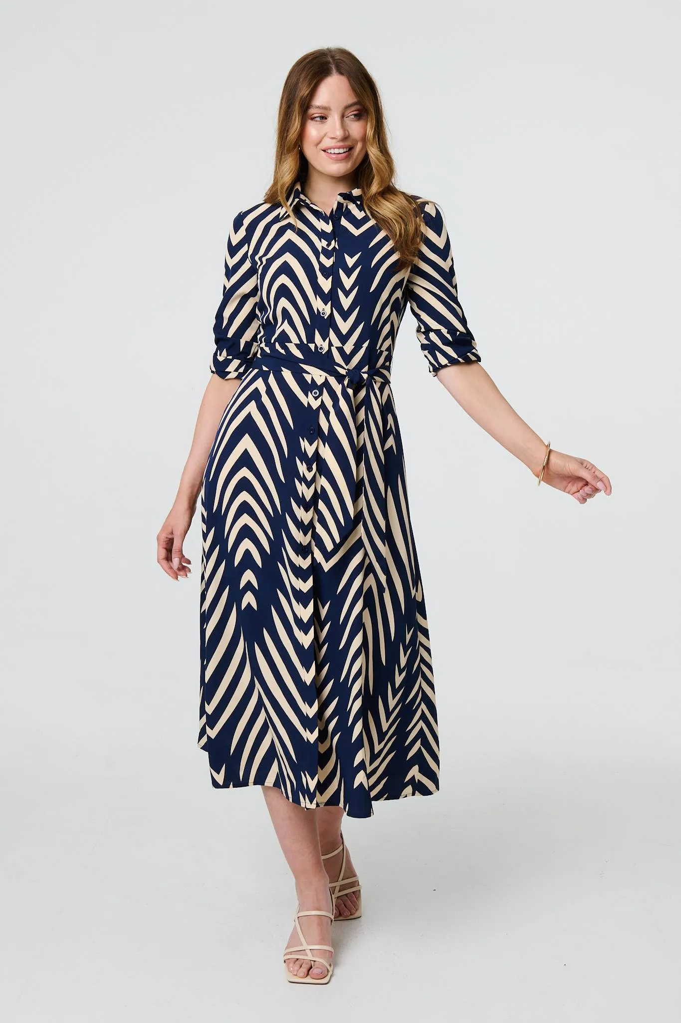 Chevron Print Tie Waist Shirt Midi Dress