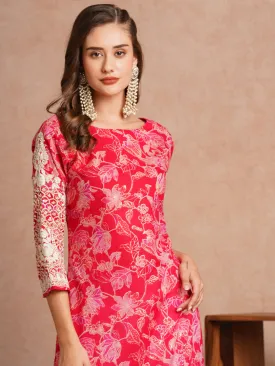 Chikankari Embroidered & Ethnic Foil Printed Straight Fit Kurta - Ruby Pink