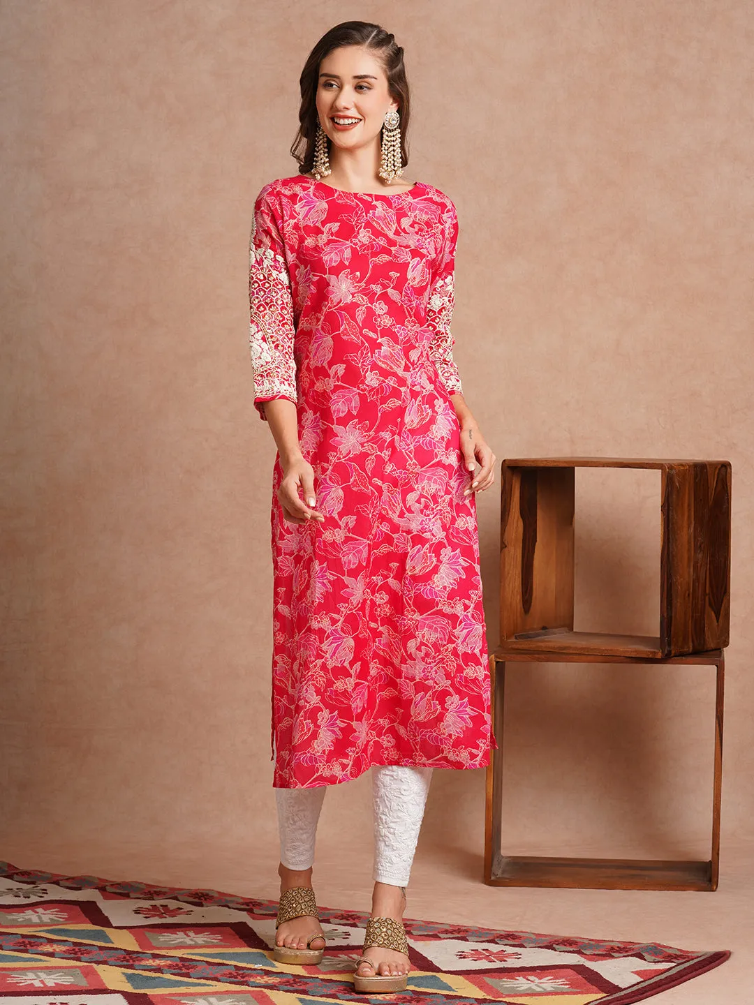 Chikankari Embroidered & Ethnic Foil Printed Straight Fit Kurta - Ruby Pink