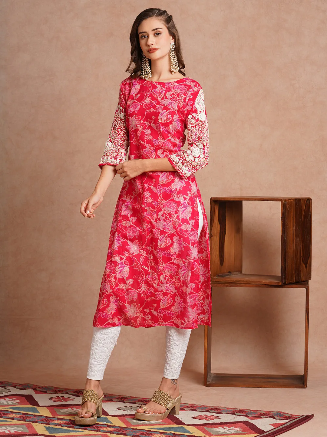 Chikankari Embroidered & Ethnic Foil Printed Straight Fit Kurta - Ruby Pink