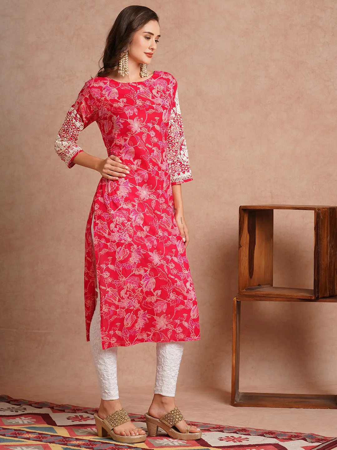 Chikankari Embroidered & Ethnic Foil Printed Straight Fit Kurta - Ruby Pink