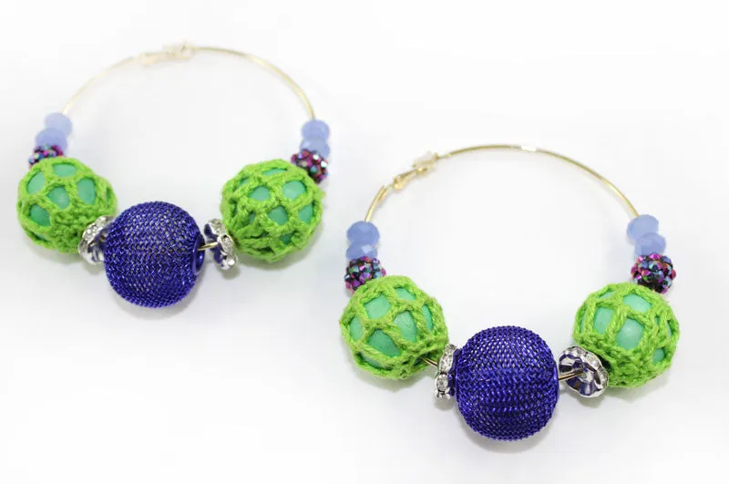 Crochet , Lace, Beads Mega Hoop Earring - Blue