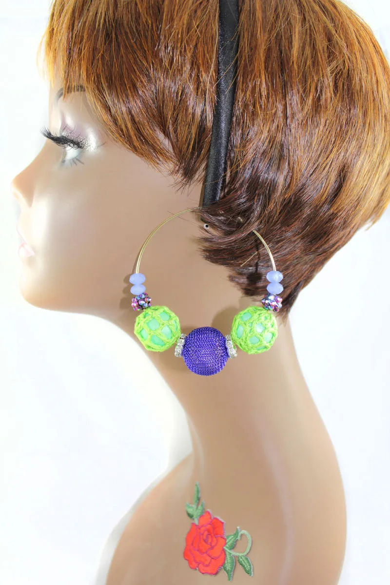 Crochet , Lace, Beads Mega Hoop Earring - Blue