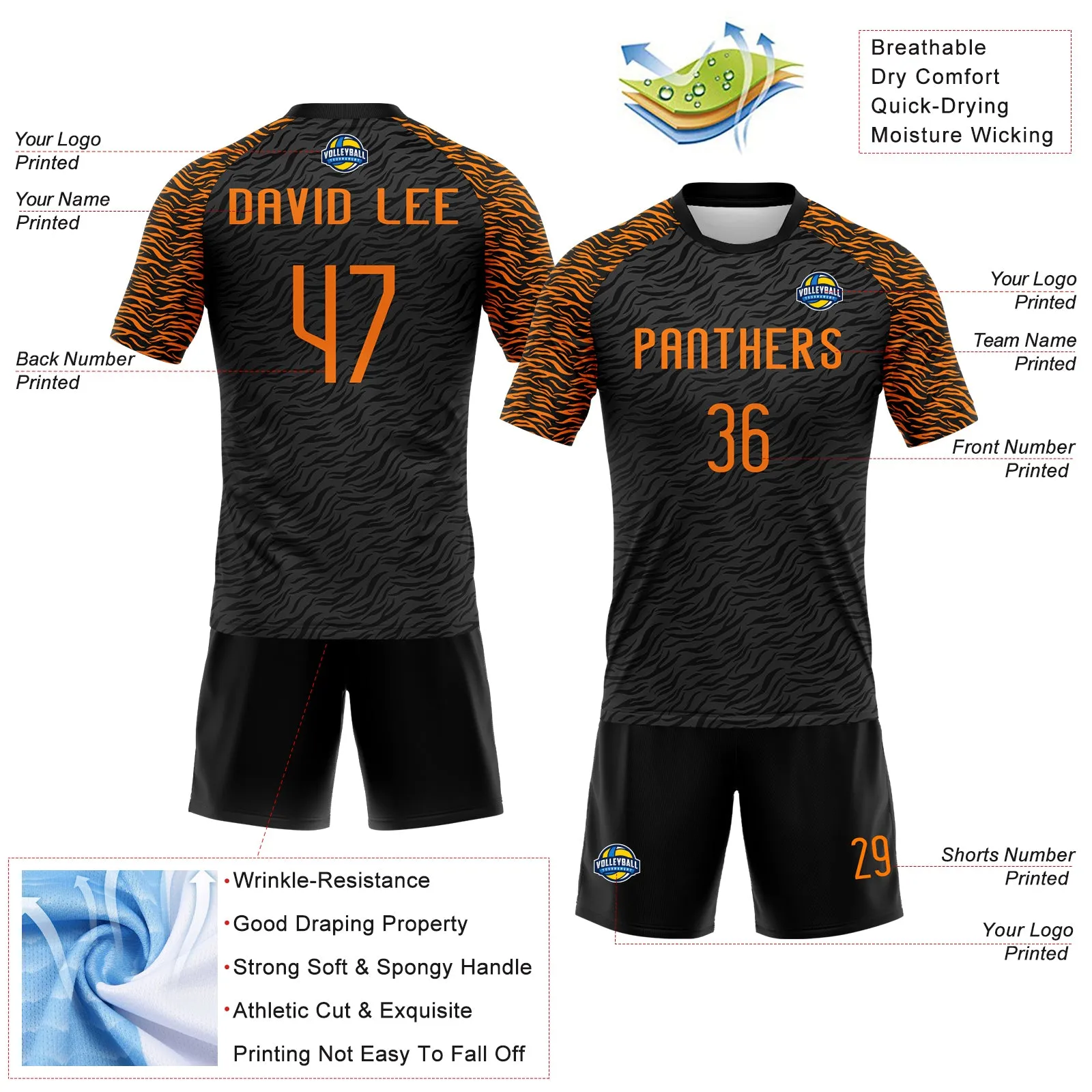 Custom Black Bay Orange Animal Print Sublimation Volleyball Uniform Jersey