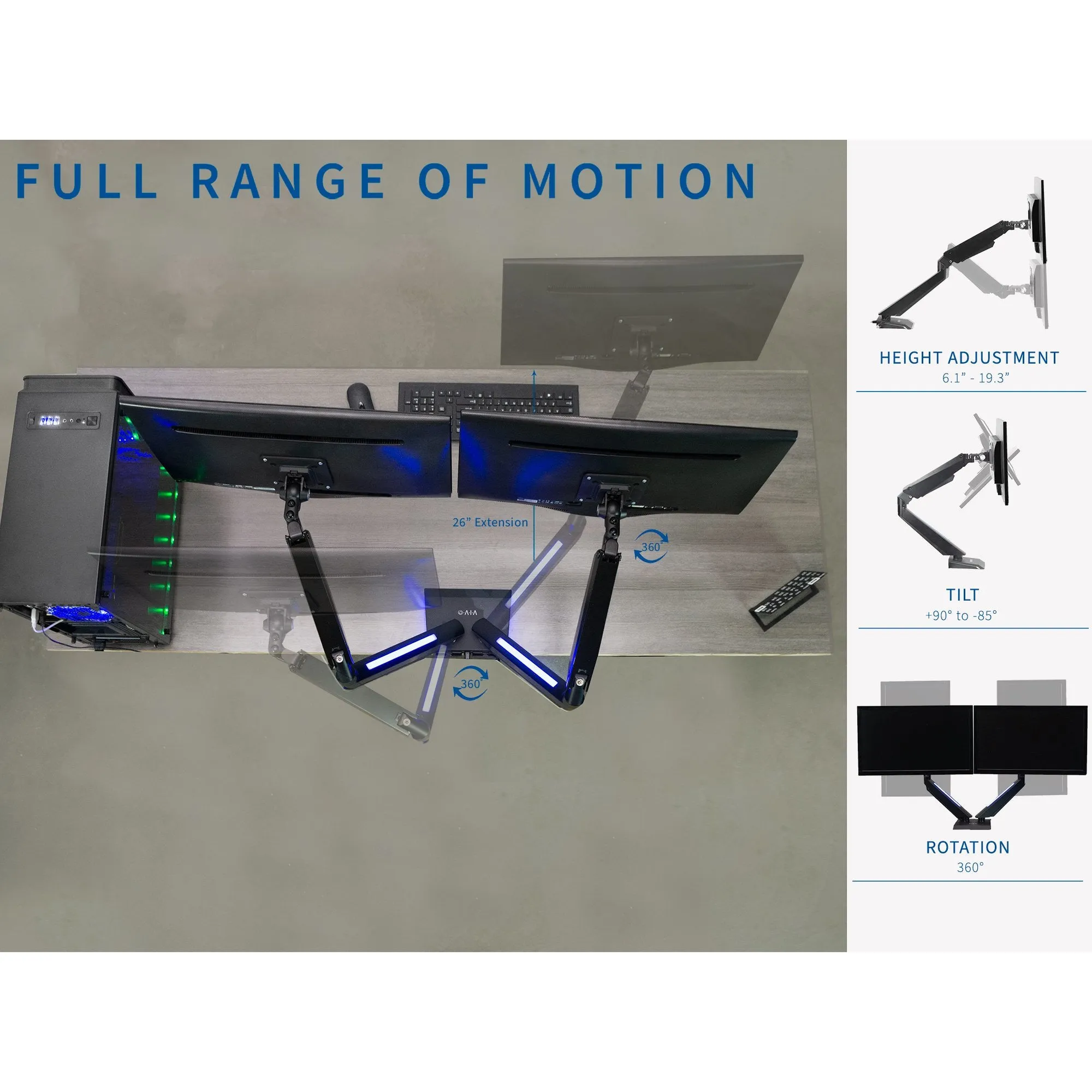 Dual Gaming Monitors Arms Clamp-on Desk Mount Stand