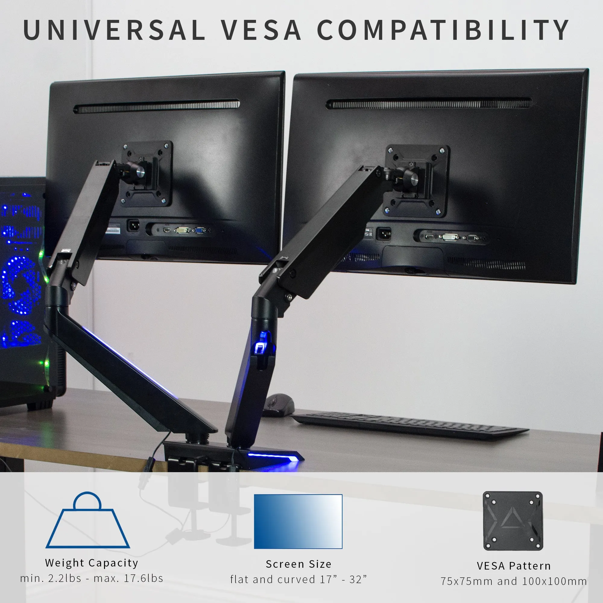 Dual Gaming Monitors Arms Clamp-on Desk Mount Stand