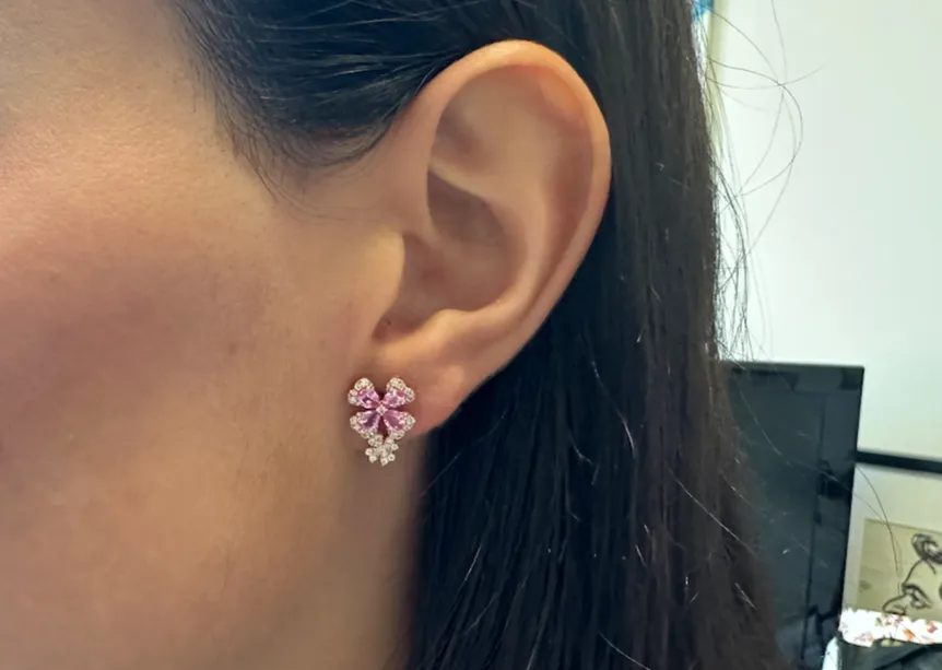 Earrings 18kt Rose Gold Two Flowers Pink Sapphire & Diamonds