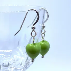 Earrings with green pastel Murano glass mini heart drops on silver or gold hooks