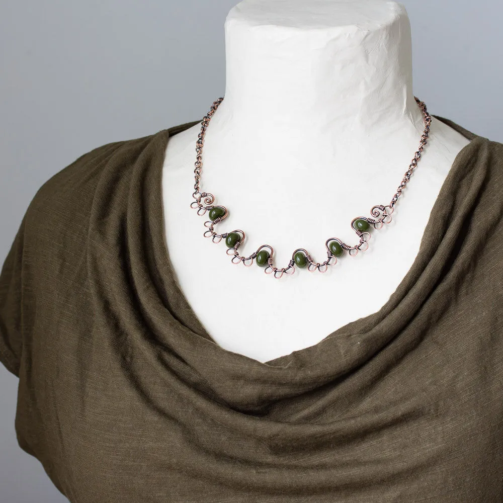 Earthy Copper Waves Necklace with Olive Green Lampwork Beads