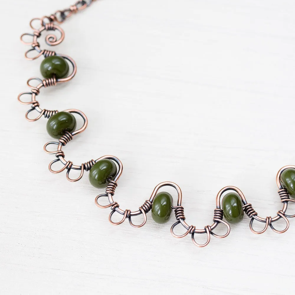 Earthy Copper Waves Necklace with Olive Green Lampwork Beads