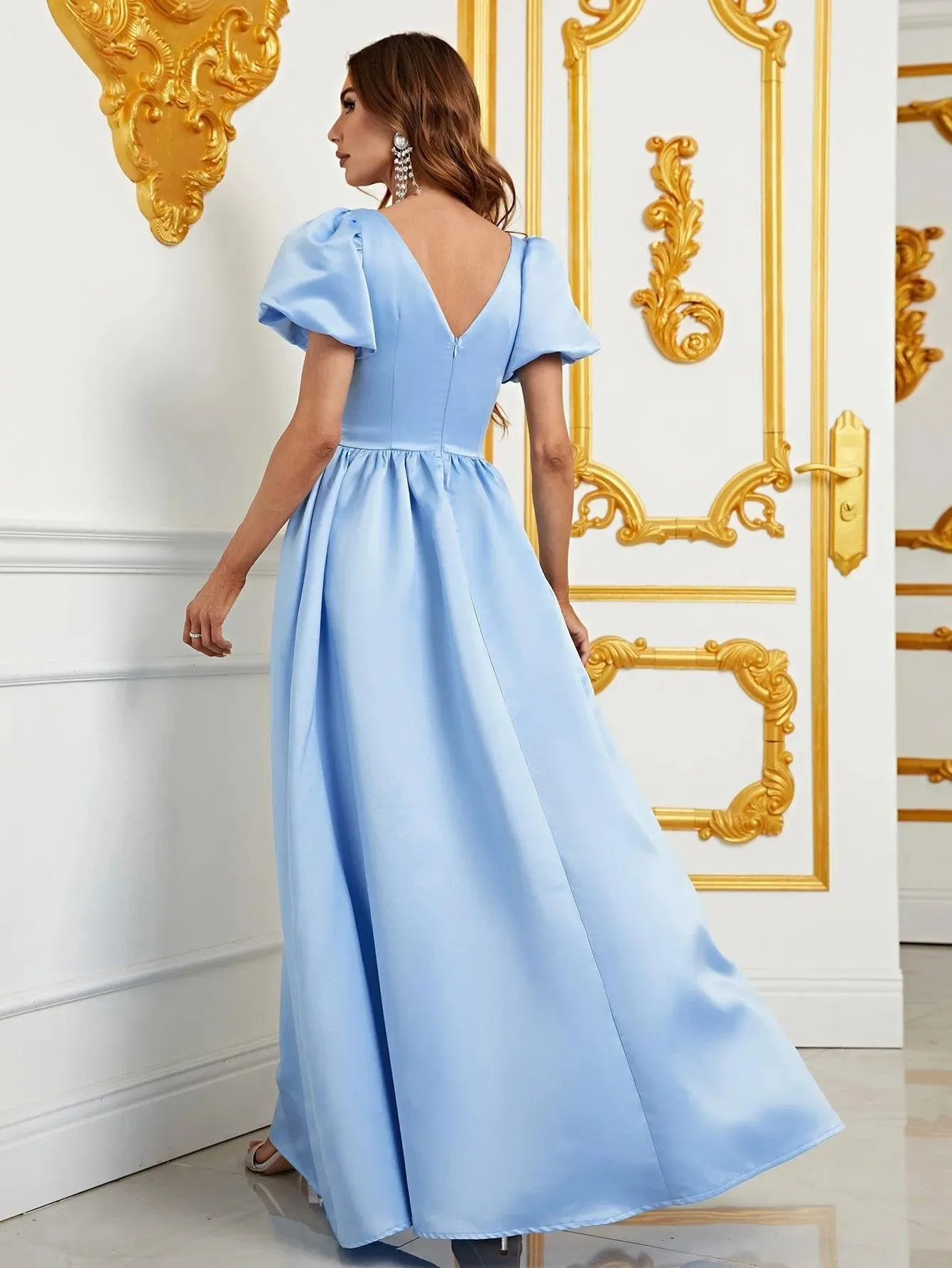 Elegant Puff Sleeves Rhinestone Detail Satin A Line Dress