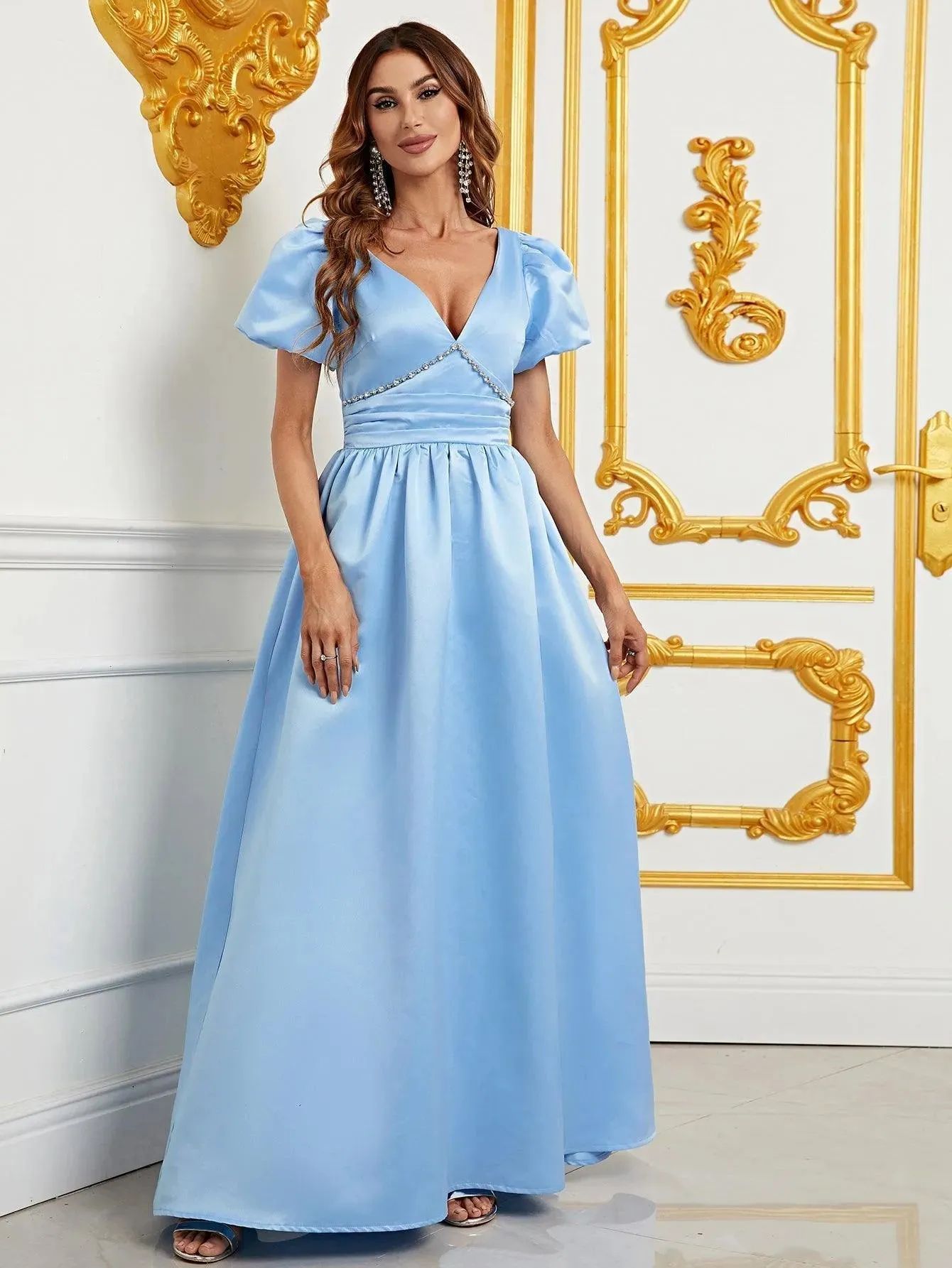 Elegant Puff Sleeves Rhinestone Detail Satin A Line Dress