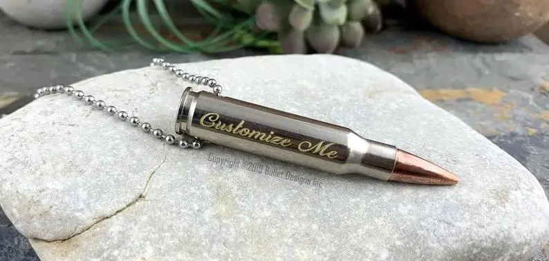 Engraved Nickel Bullet Necklace, Gold Engraving, 308, 223, Ar-15, Custom, Drilled