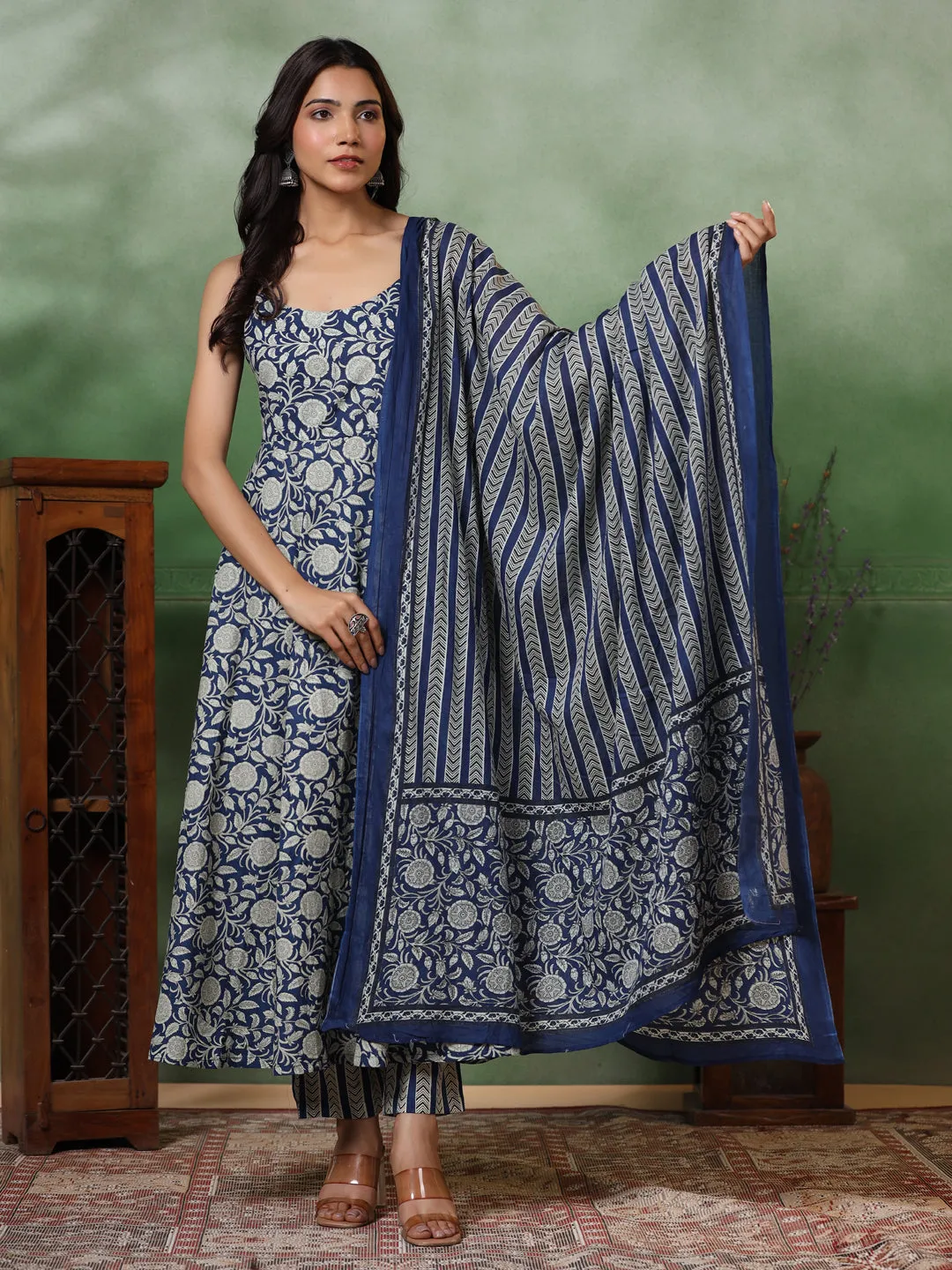 Ethnic Block Printed Anarkali Kurta with Pant & Pure Cotton Dupatta - Blue