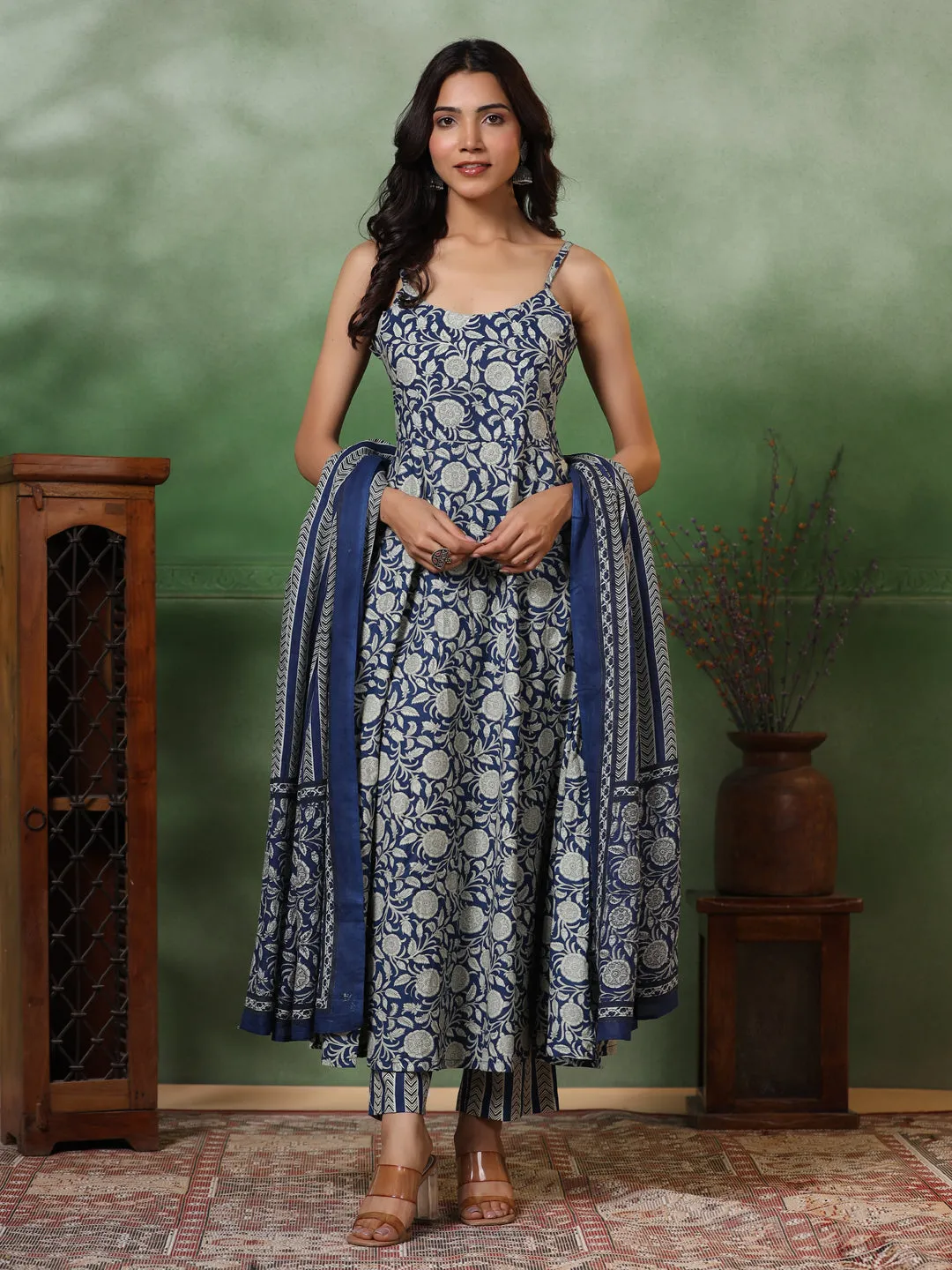 Ethnic Block Printed Anarkali Kurta with Pant & Pure Cotton Dupatta - Blue