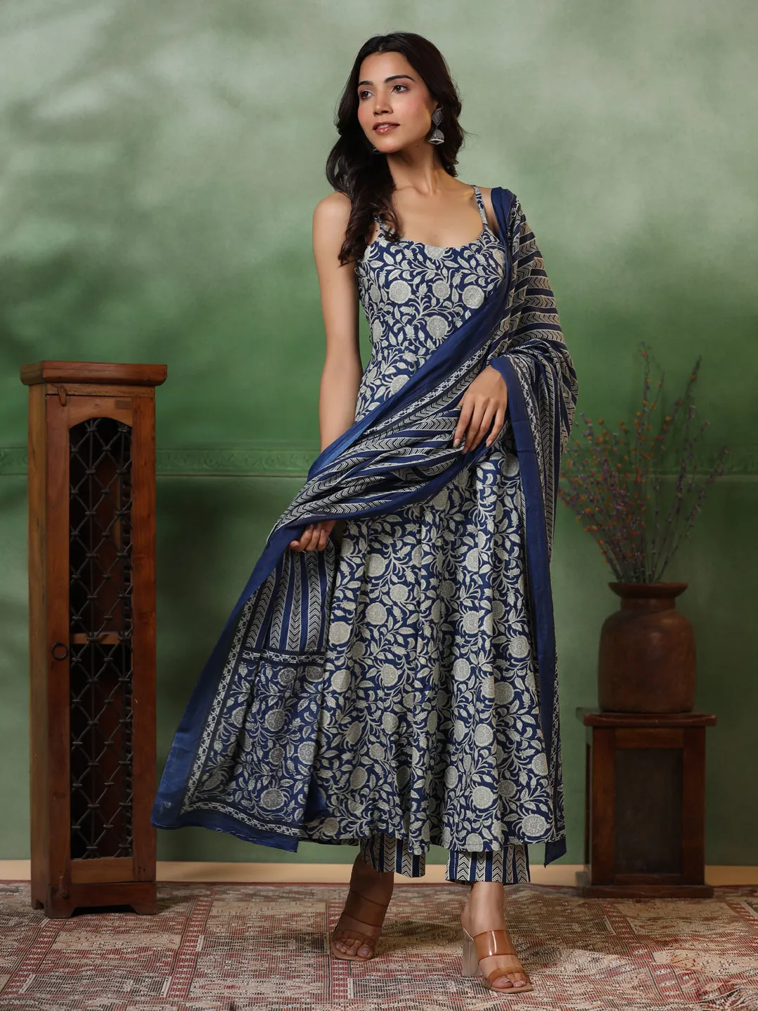 Ethnic Block Printed Anarkali Kurta with Pant & Pure Cotton Dupatta - Blue