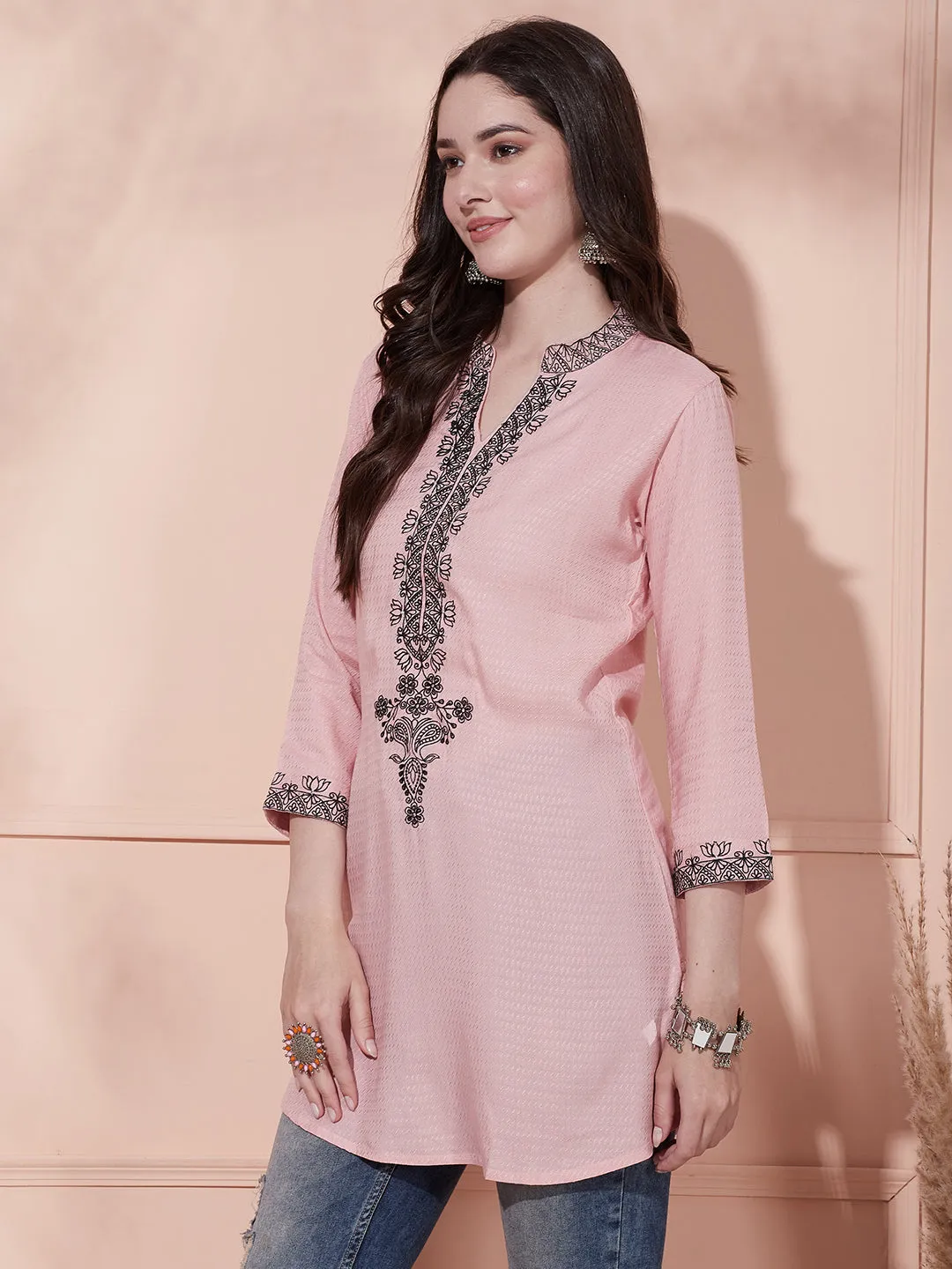 Ethnic Floral Embroidered & Woven Straight Fit Kurti - Pink