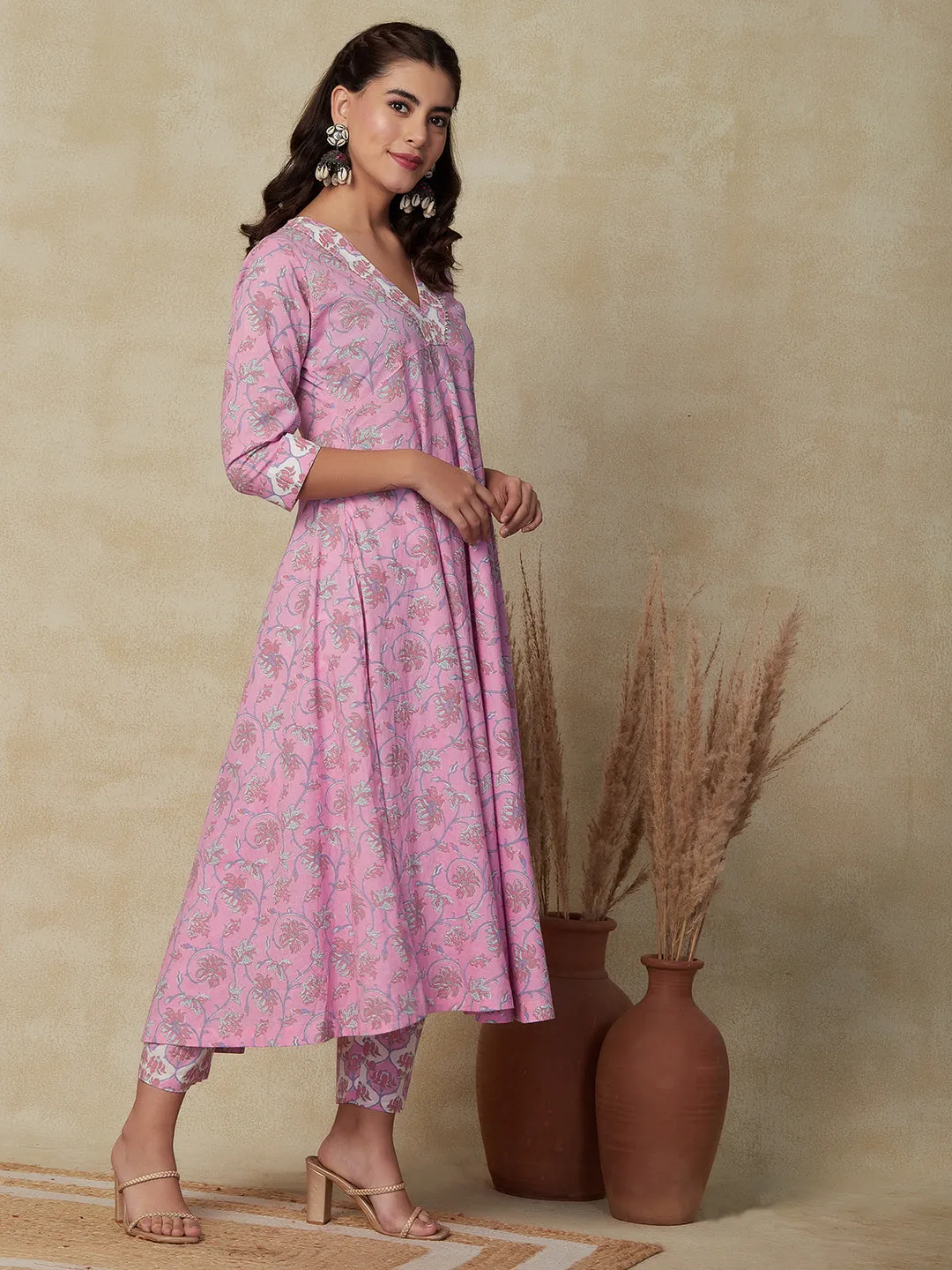 Ethnic Floral Printed A-Line Flared Kurta with Pant - Pink