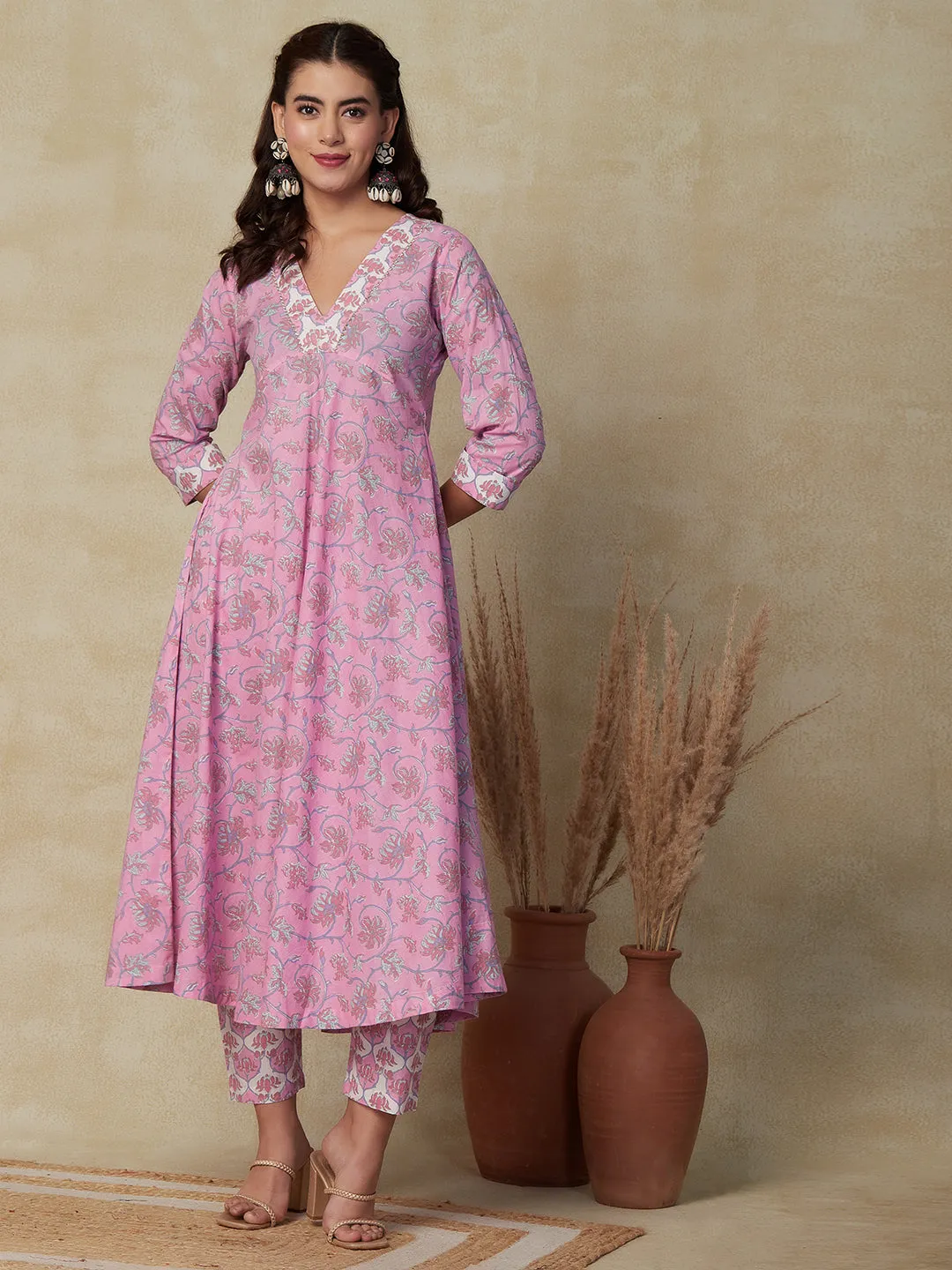 Ethnic Floral Printed A-Line Flared Kurta with Pant - Pink