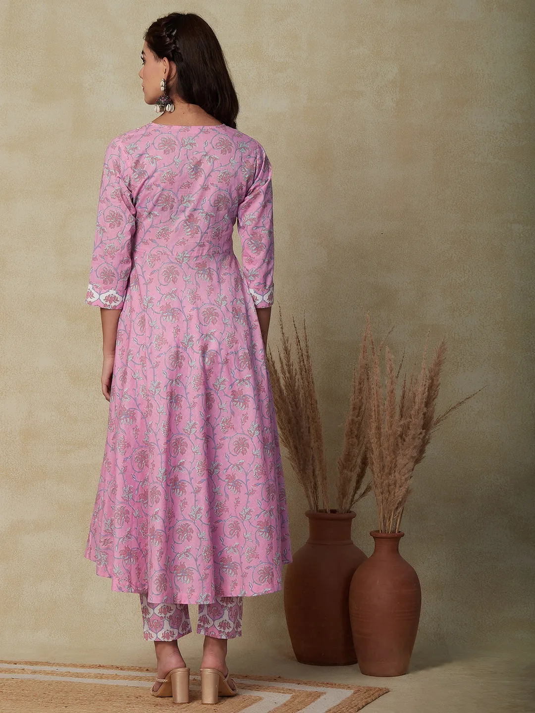 Ethnic Floral Printed A-Line Flared Kurta with Pant - Pink