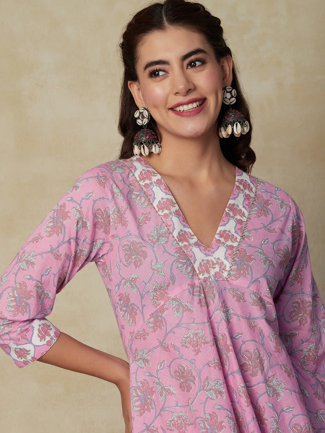 Ethnic Floral Printed A-Line Flared Kurta with Pant - Pink