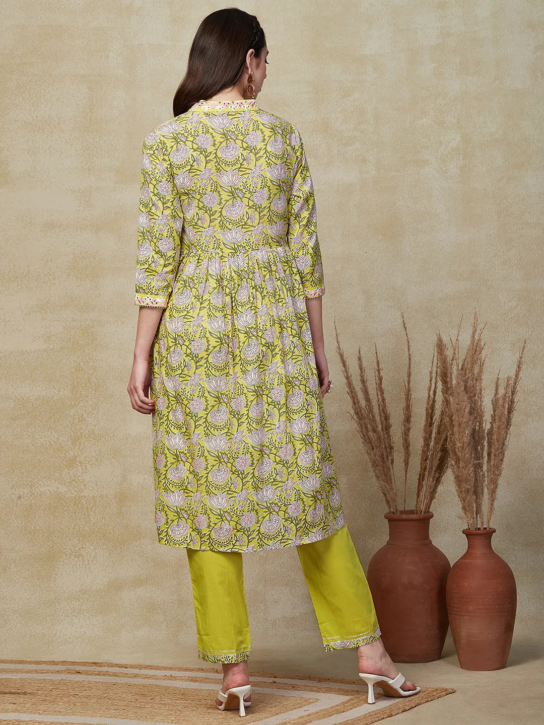 Ethnic Floral Printed & Embroidered A-Line Pleated Kurta with Pant - Yellow