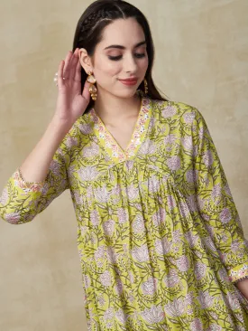 Ethnic Floral Printed & Embroidered A-Line Pleated Kurta with Pant - Yellow