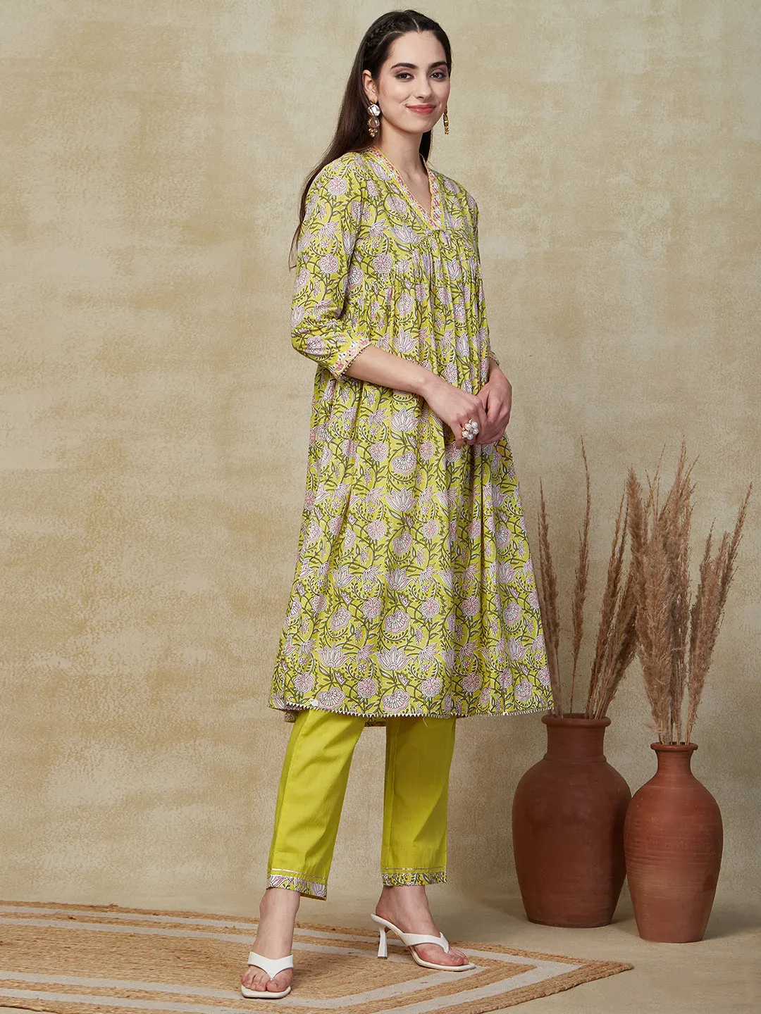 Ethnic Floral Printed & Embroidered A-Line Pleated Kurta with Pant - Yellow