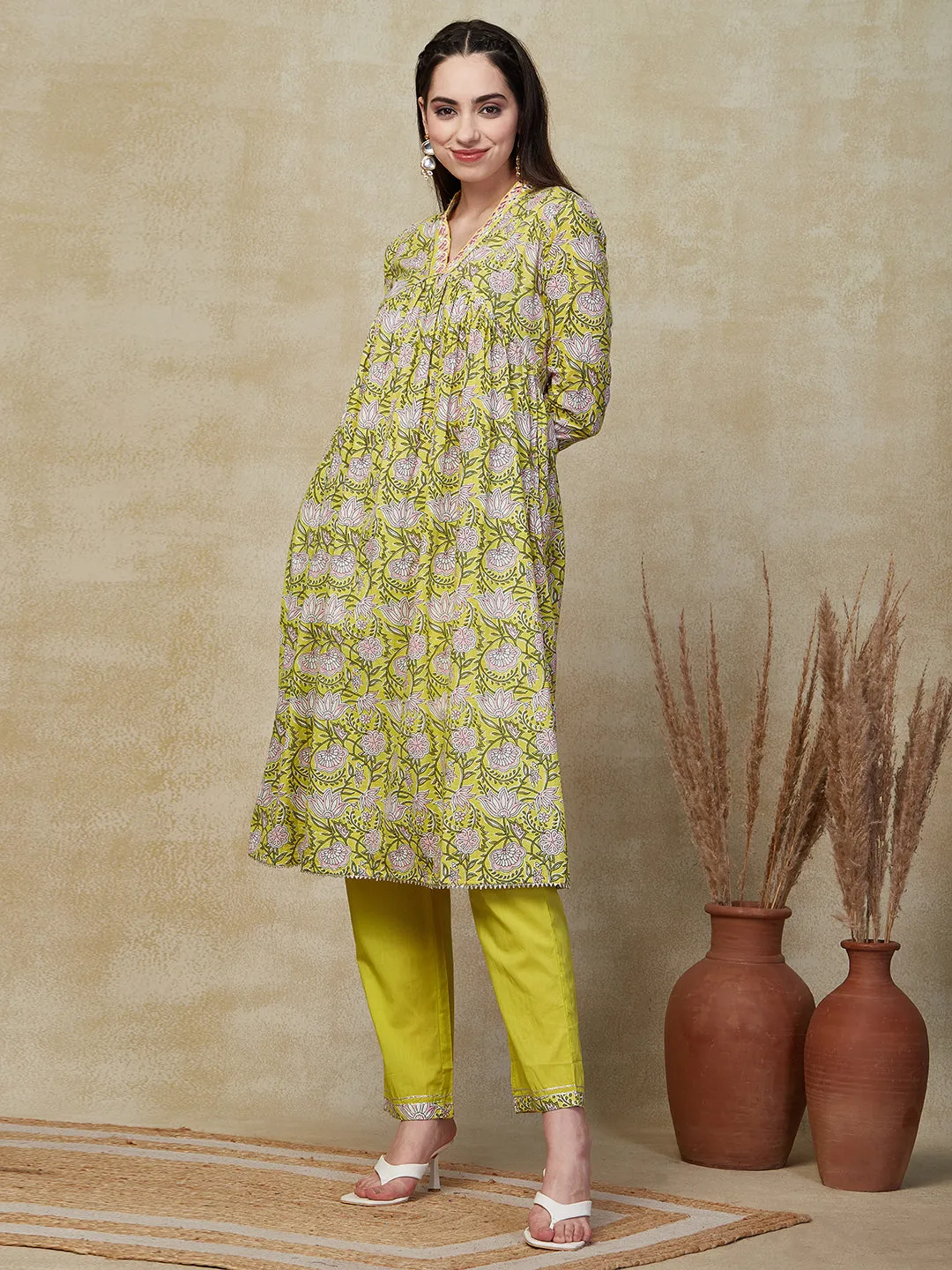 Ethnic Floral Printed & Embroidered A-Line Pleated Kurta with Pant - Yellow