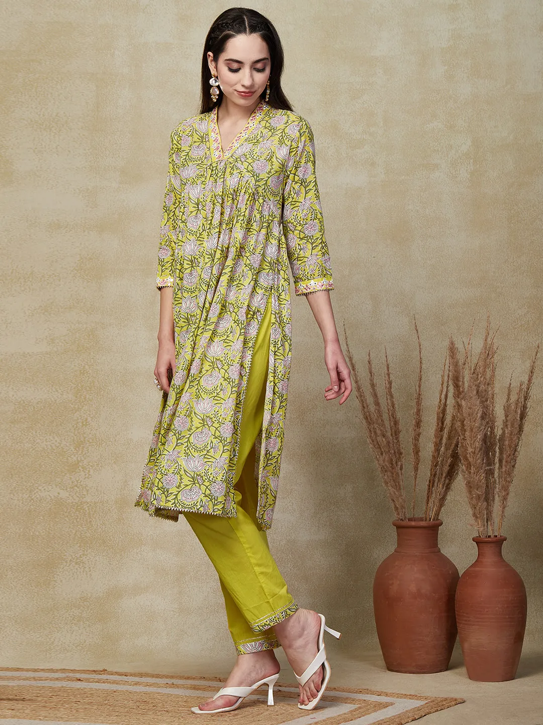 Ethnic Floral Printed & Embroidered A-Line Pleated Kurta with Pant - Yellow