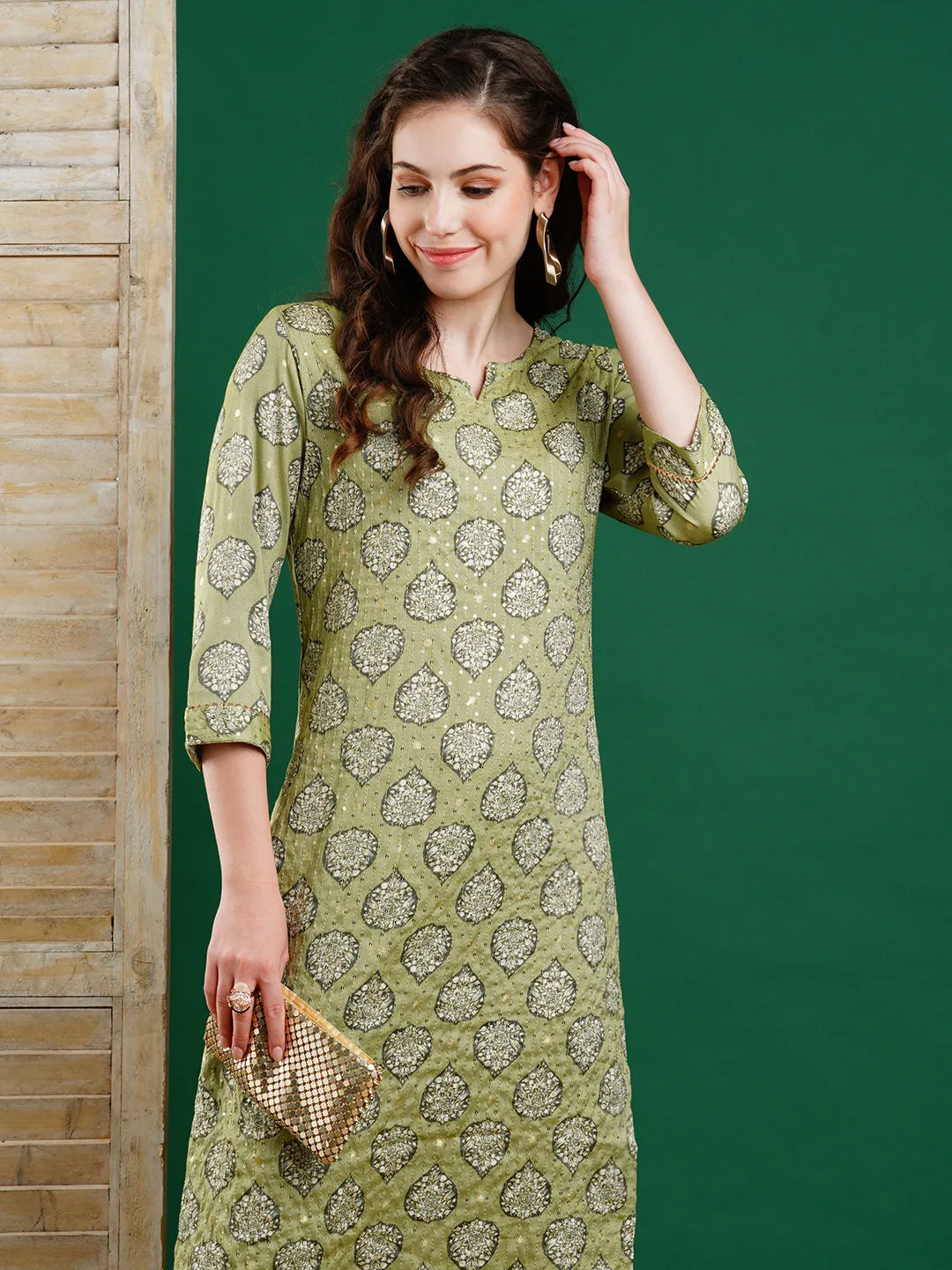 Ethnic Foil Printed & Sequin Embroidered Straight Kurta with Pant - Green