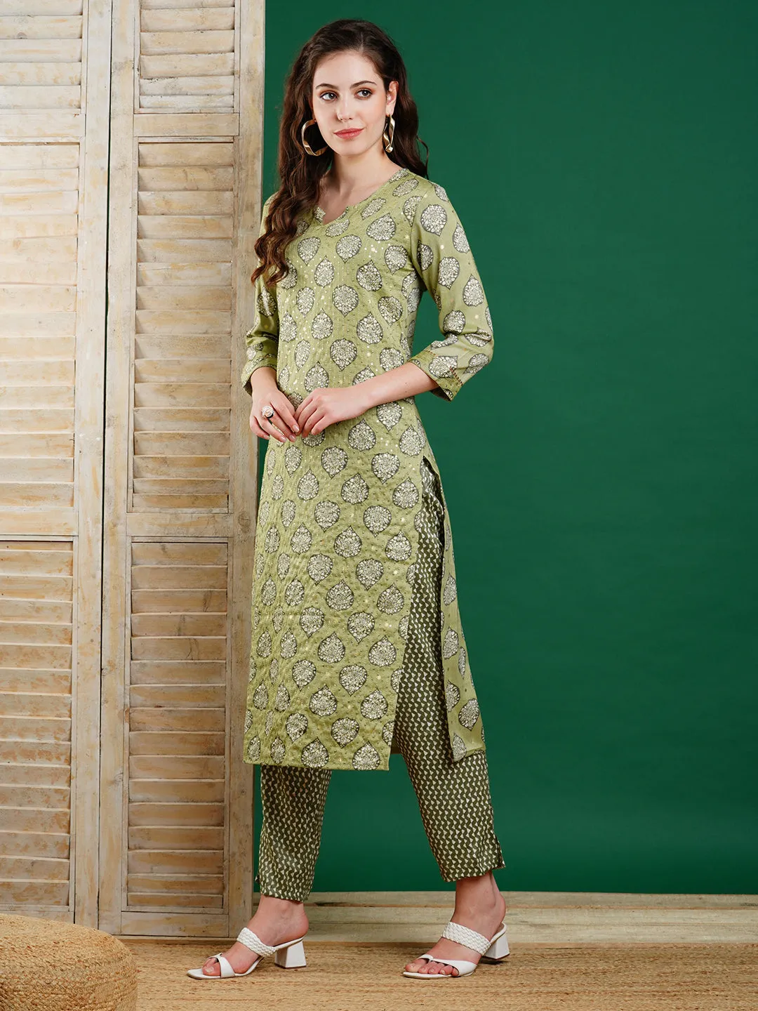 Ethnic Foil Printed & Sequin Embroidered Straight Kurta with Pant - Green