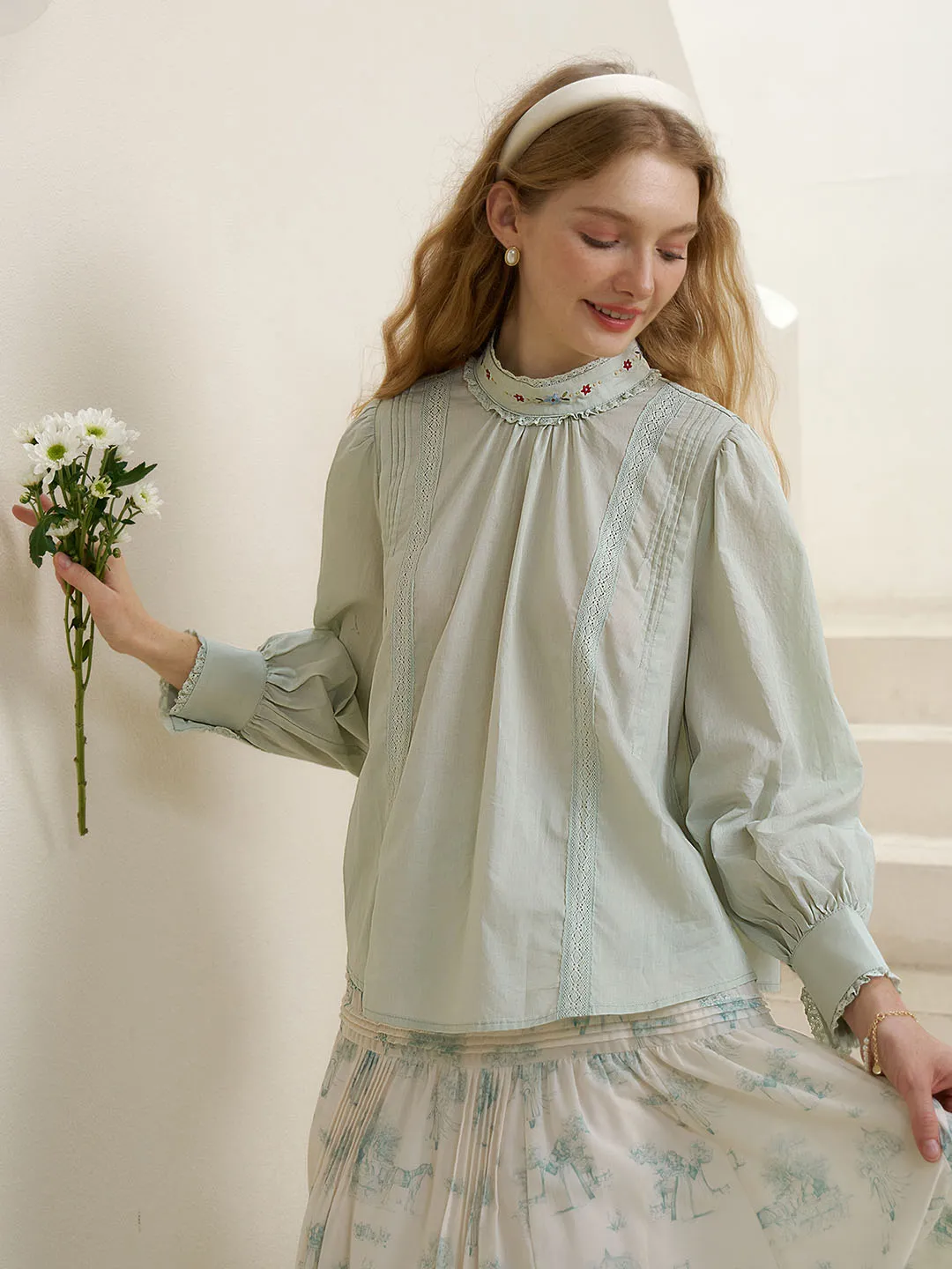 【Final Sale】Aylin Mock Neck Embroidered Shirt