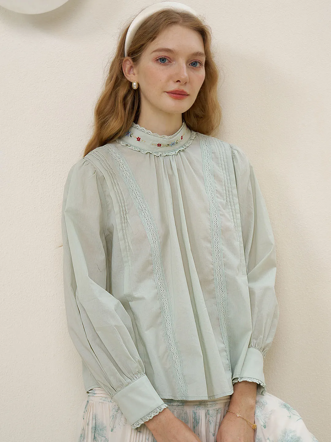 【Final Sale】Aylin Mock Neck Embroidered Shirt