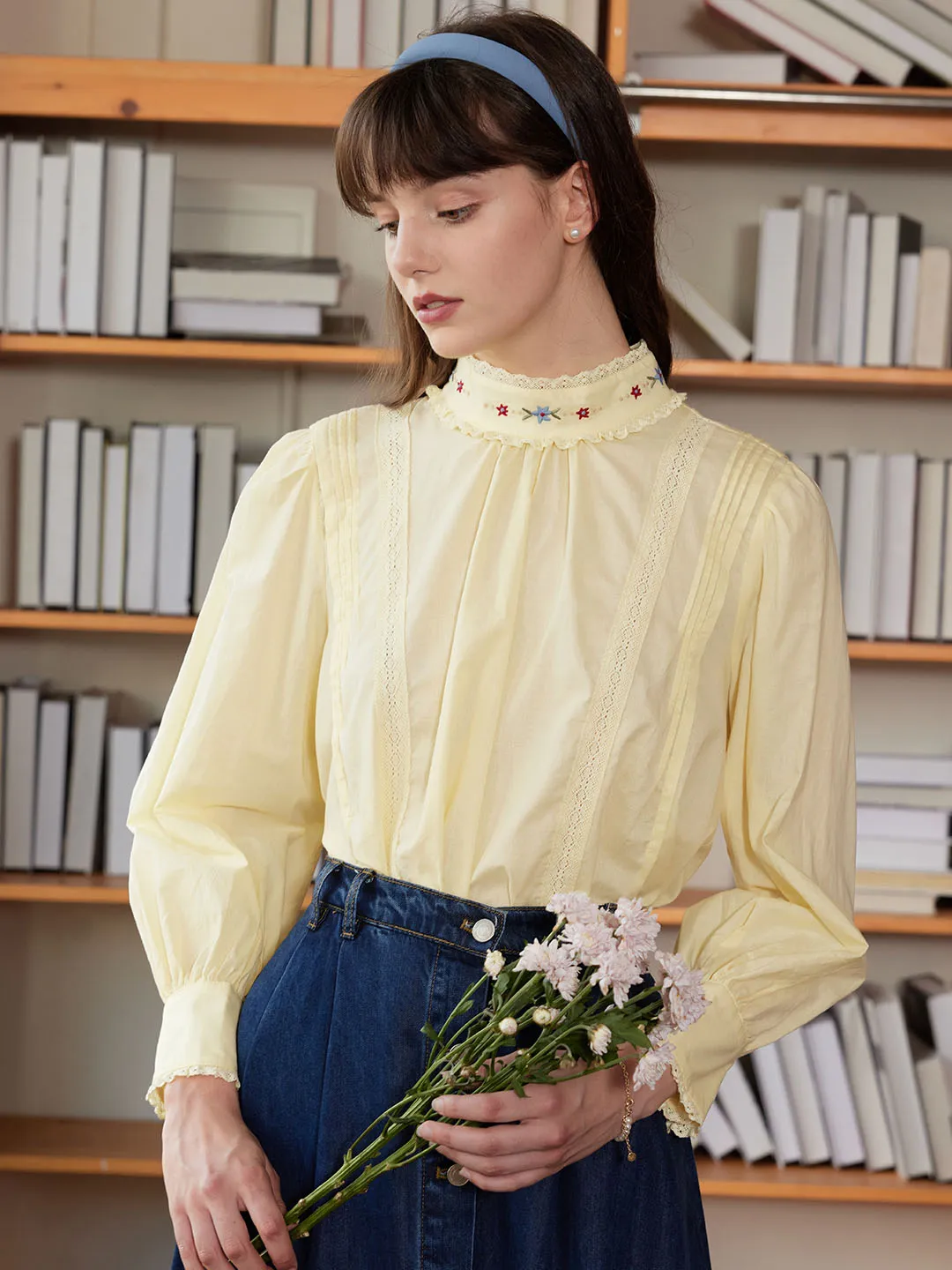 【Final Sale】Aylin Mock Neck Embroidered Shirt