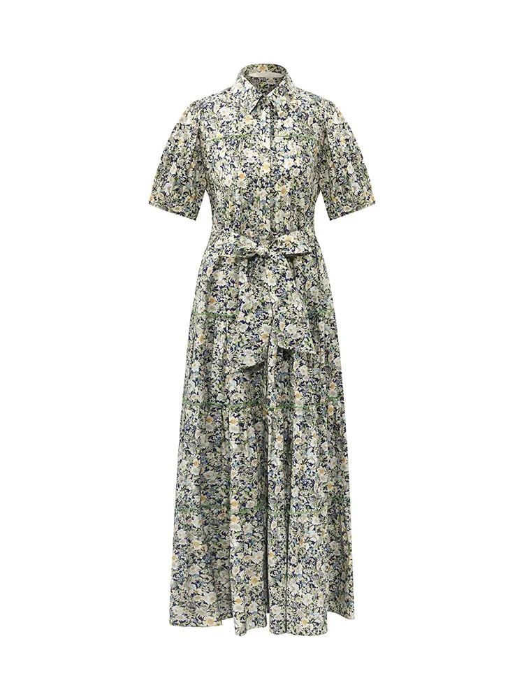 Floral Printed Lapel Tiered Women Midi Dress With Belt