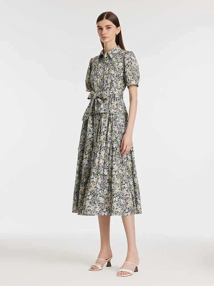 Floral Printed Lapel Tiered Women Midi Dress With Belt