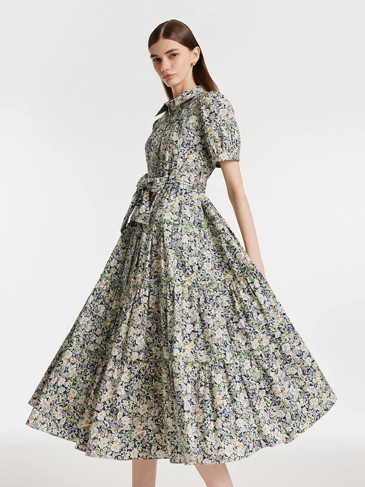 Floral Printed Lapel Tiered Women Midi Dress With Belt