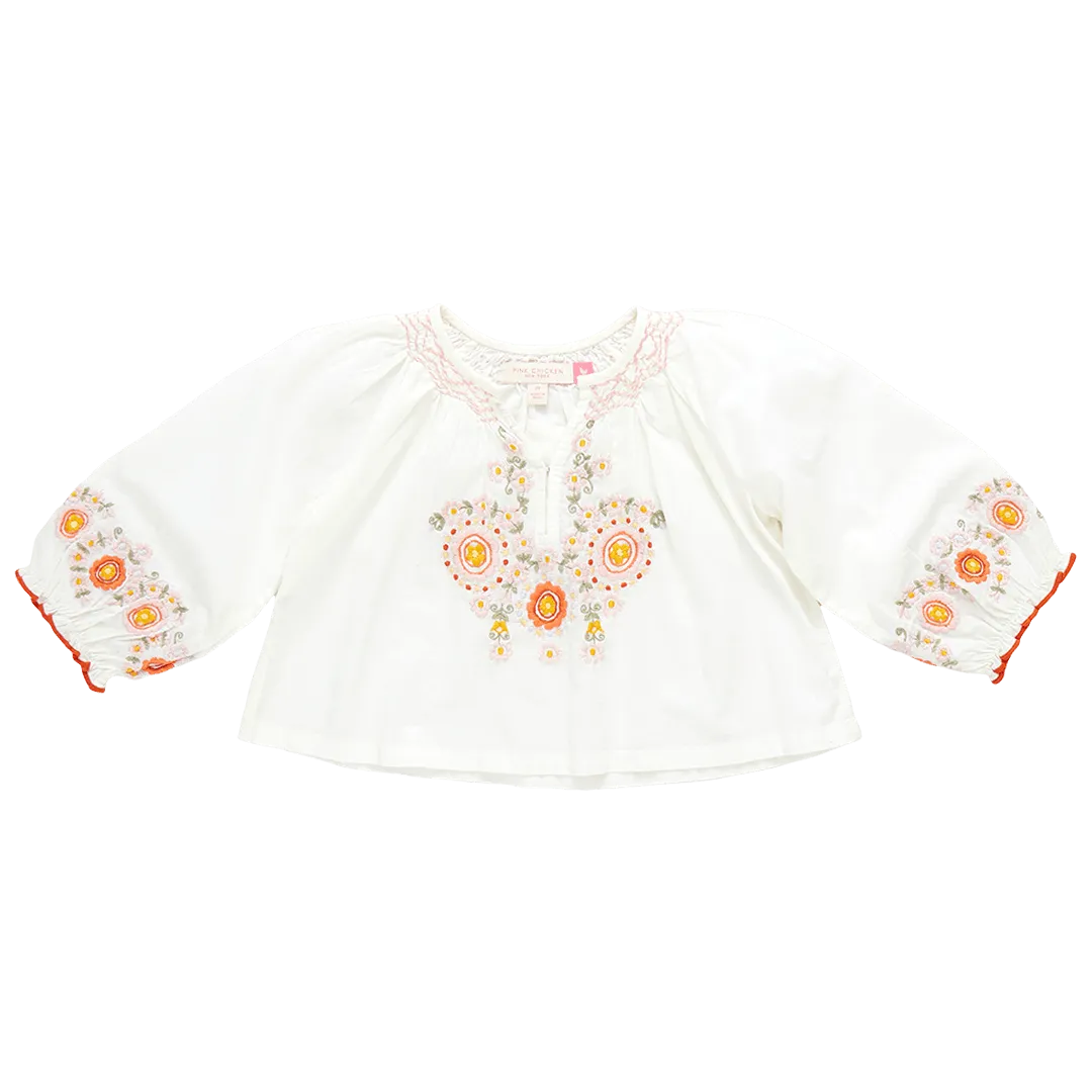 Girls Ava Top - Multi Pink Embroidery