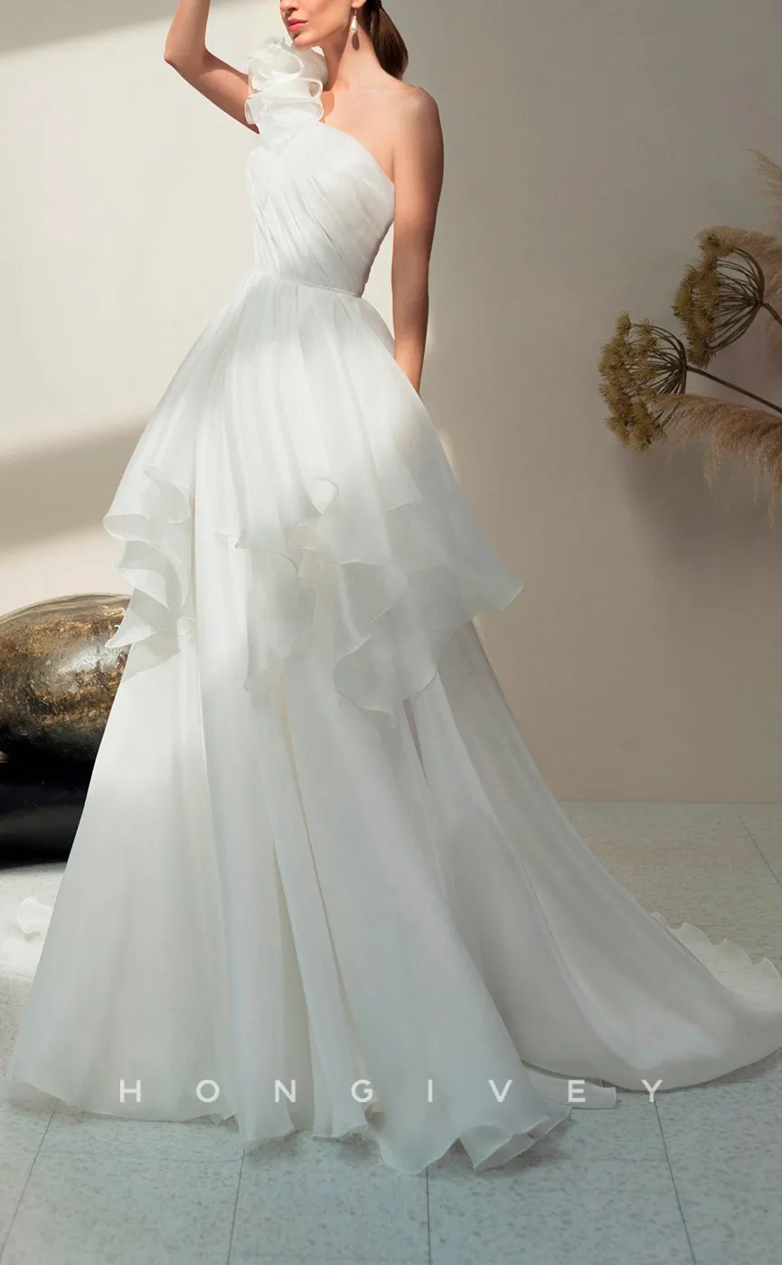 H1055 - Classic Satin One Shoulder Floral Embellished Ruched Tiered Long Wedding Dress