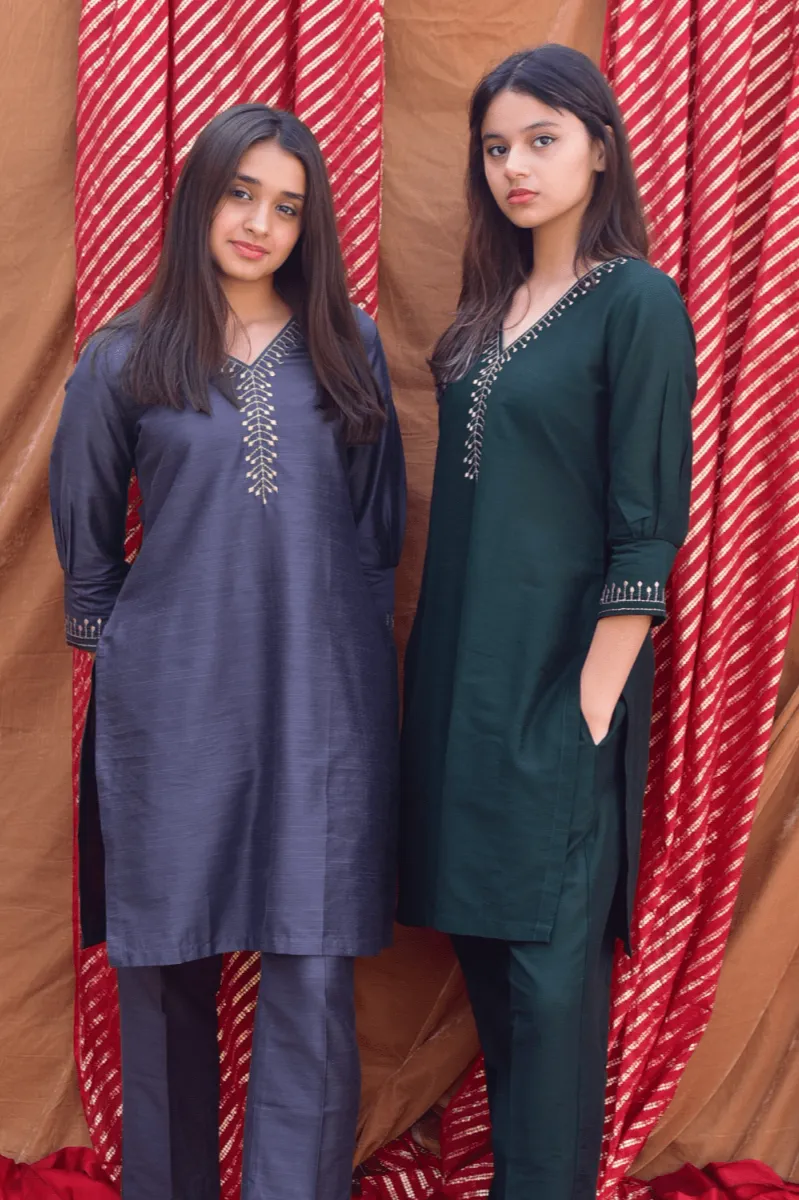 Handcrafted Bottle Green Embroidered Co-Ord - Set of 2