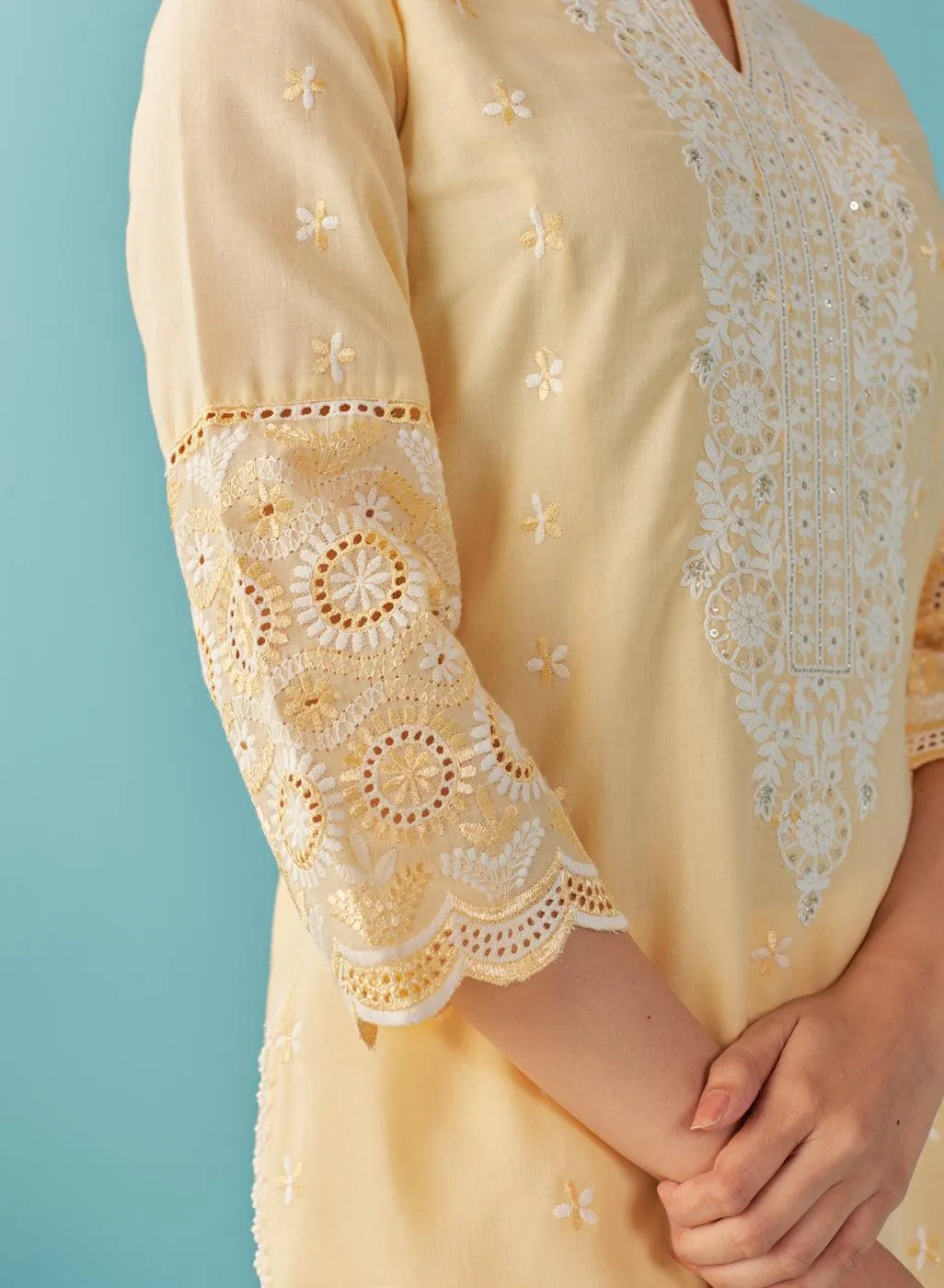 Lemon Yellow Knee Length Kurti with Embroidered Sleeve