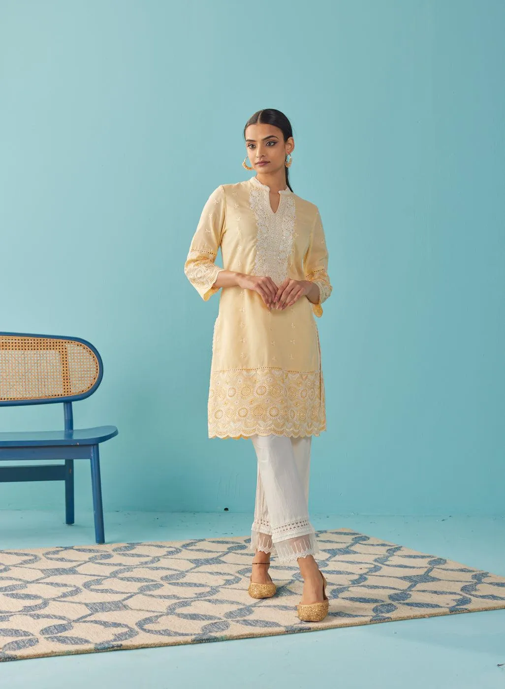 Lemon Yellow Knee Length Kurti with Embroidered Sleeve