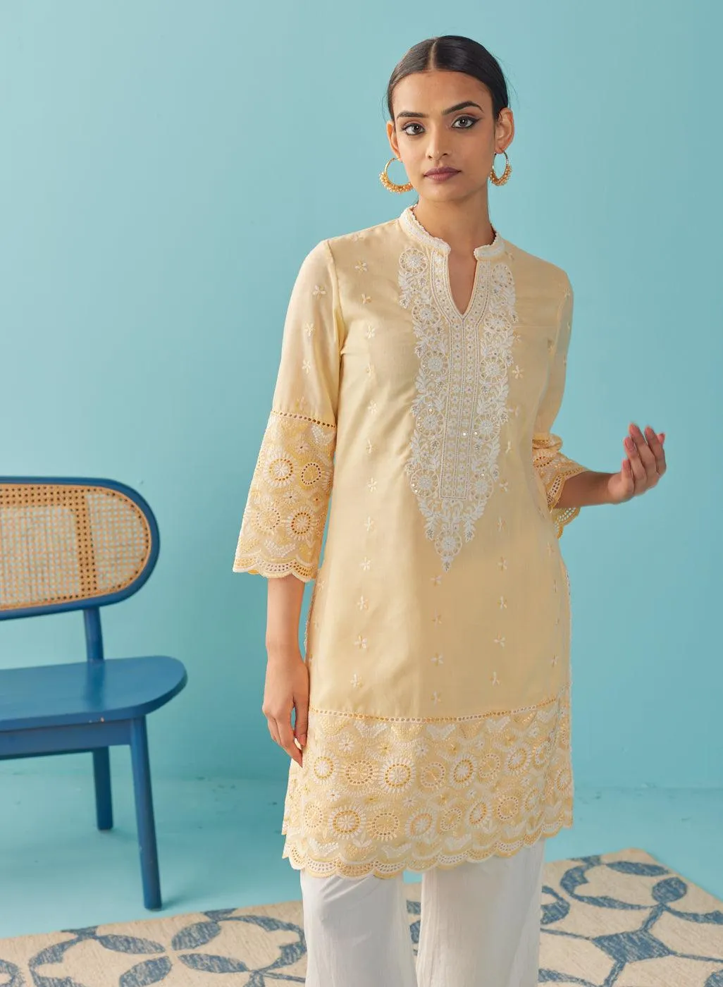 Lemon Yellow Knee Length Kurti with Embroidered Sleeve