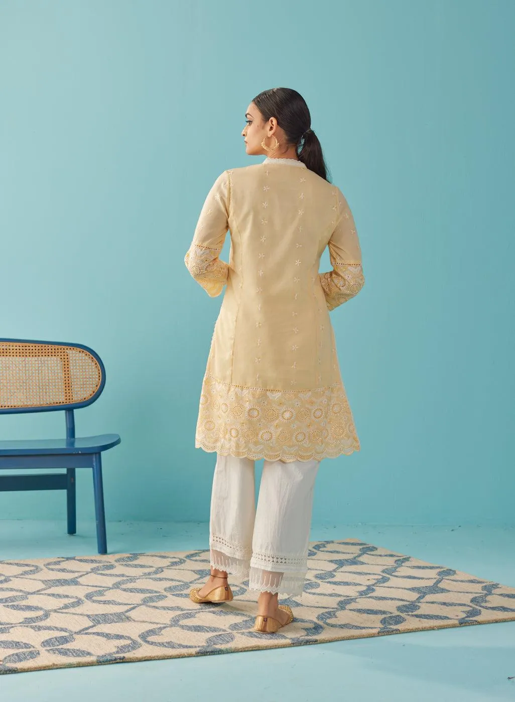 Lemon Yellow Knee Length Kurti with Embroidered Sleeve