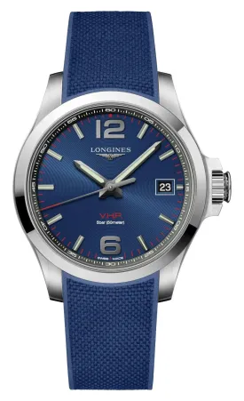 Longines Conquest V.H.P. Stainless Steel Blue Dial Blue Rubber Strap Perpetual Calendar Date Quartz Mens Watch L3.716.4.96.9