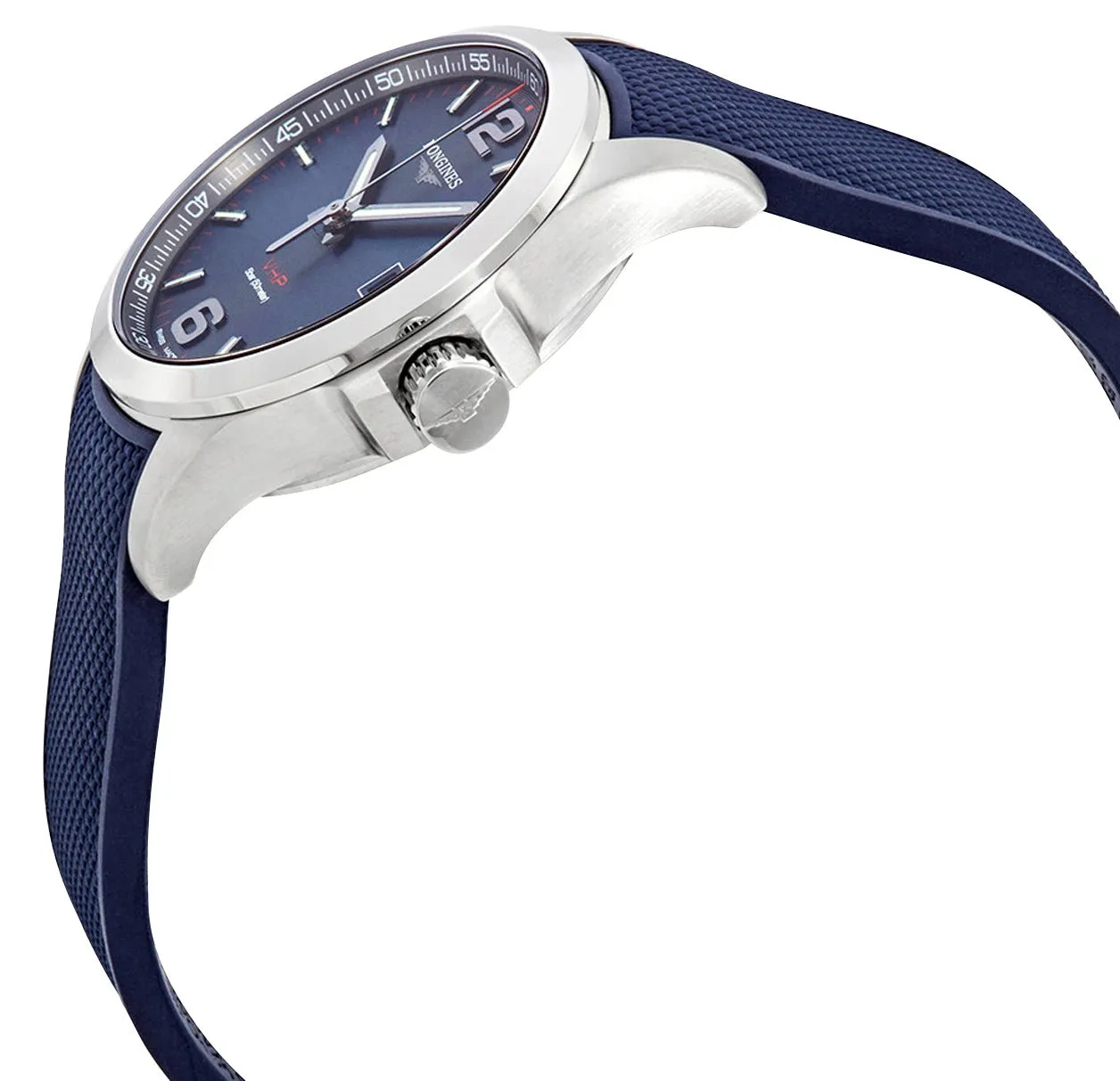 Longines Conquest V.H.P. Stainless Steel Blue Dial Blue Rubber Strap Perpetual Calendar Date Quartz Mens Watch L3.716.4.96.9