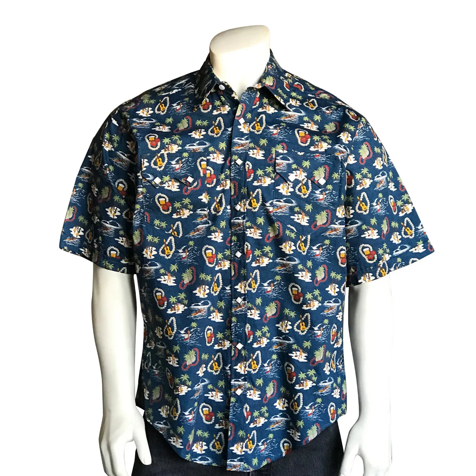 Men’s Short Sleeve Hawaiian Print Western Shirt in Blue