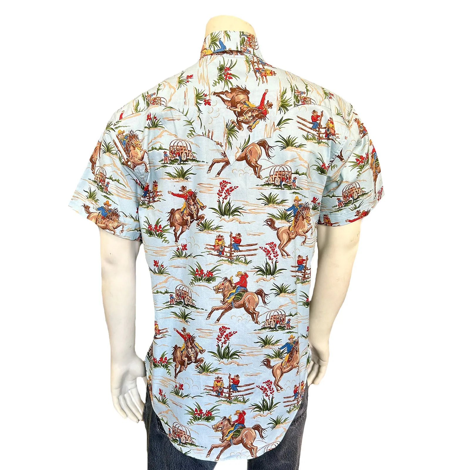 Men’s Vintage Western Print Light Blue Short Sleeve Shirt