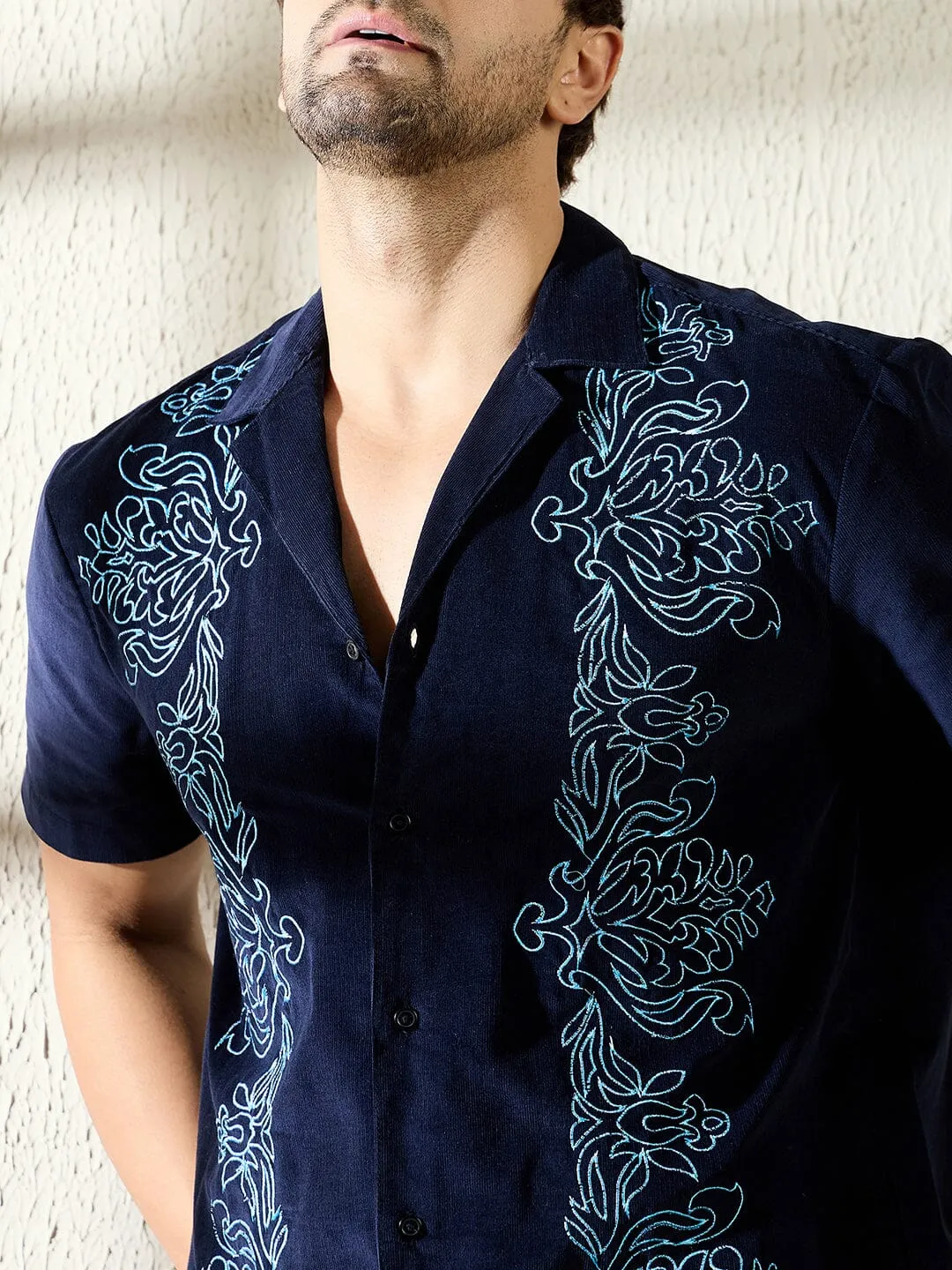 Navy Baroque Embroidered Cuban Corduroy Shirt